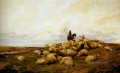 Un pastor con su rebaño de ovejas y animales de granja Thomas Sidney Cooper